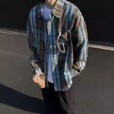 冰飞 美式复古嘻哈高街小众设计宽松休闲舒适格子褂子外套上衣服少年感穿搭潮牌潮流学院风工装长袖衬衫 男女同款
