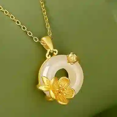 庆大福 杏花系列  平安扣新中式复古桃花荷花百搭高级感#好运 玉髓 玉石项链 女款