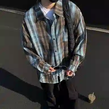 冰飞 美式复古嘻哈高街小众设计宽松休闲舒适格子褂子外套上衣服少年感穿搭潮牌潮流学院风工装长袖衬衫 男女同款