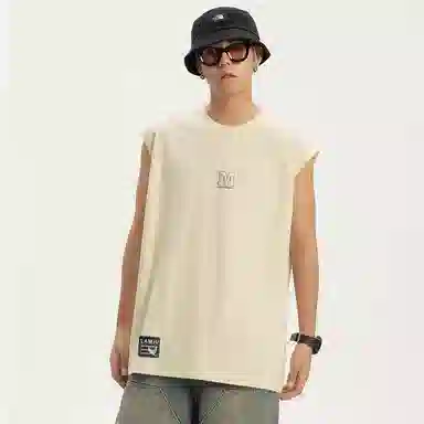 兰缪 日系复古基础款纯色简约宽松美式字母透气纯棉圆领百搭日常通勤无袖背心 男女同款