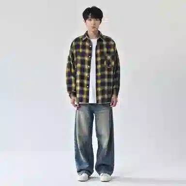 乱步 复古格子美式长短衬衫 男女同款