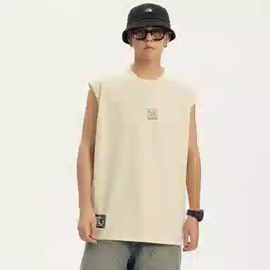 兰缪 日系复古基础款纯色简约宽松美式字母透气纯棉圆领百搭日常通勤无袖背心 男女同款