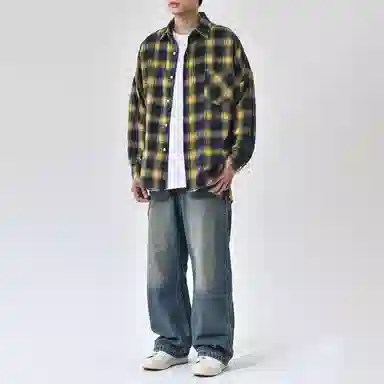 乱步 复古格子美式长短衬衫 男女同款