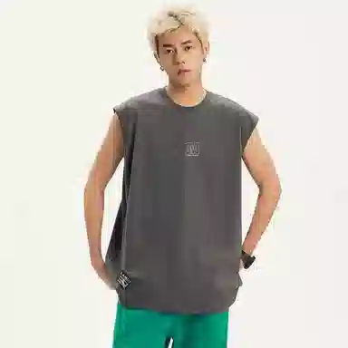 兰缪 日系复古基础款纯色简约宽松美式字母透气纯棉圆领百搭日常通勤无袖背心 男女同款