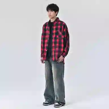 乱步 复古格子美式长短衬衫 男女同款