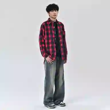 乱步 复古格子美式长短衬衫 男女同款