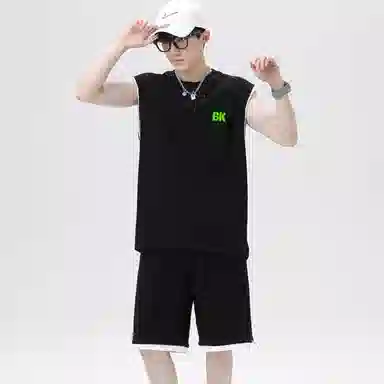 大卫贝肯 美式潮牌字母纯色户外通勤宽松无袖背心抽绳五分短裤休闲运动套装 男女同款