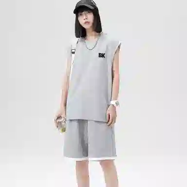 大卫贝肯 美式潮牌字母纯色户外通勤宽松无袖背心抽绳五分短裤休闲运动套装 男女同款