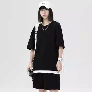 大卫贝肯 美式复古简约字母宽松百搭圆领短袖抽绳直筒短裤休闲运动套装 男女同款