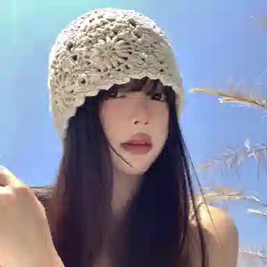 优幽兰 甜美百搭针织镂空花朵包头帽夏薄款大头围显脸小文艺民族风设计复古堆堆帽时尚钩花编织套头帽子超 织物 绒线帽 女款