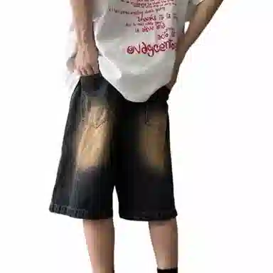 玉儿恋 夏季做旧褪色复古休闲直筒宽松街头潮流牛仔短裤 男女同款