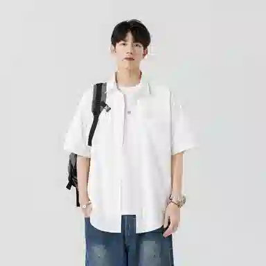 加菲猫家族 美式纽扣开衫宽松休闲纯色直筒百搭翻领短袖衬衫 男女同款