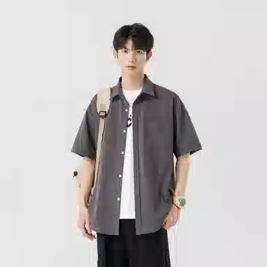 加菲猫家族 美式纽扣开衫宽松休闲纯色直筒百搭翻领短袖衬衫 男女同款