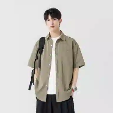 加菲猫家族 美式纽扣开衫宽松休闲纯色直筒百搭翻领短袖衬衫 男女同款