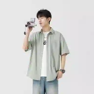 加菲猫家族 美式纽扣开衫宽松休闲纯色直筒百搭翻领短袖衬衫 男女同款