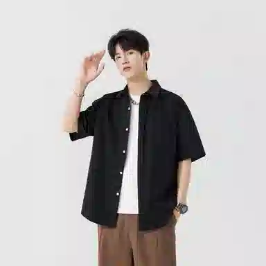 加菲猫家族 美式纽扣开衫宽松休闲纯色直筒百搭翻领短袖衬衫 男女同款