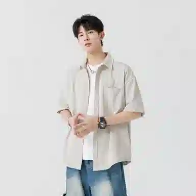 加菲猫家族 美式纽扣开衫宽松休闲纯色直筒百搭翻领短袖衬衫 男女同款