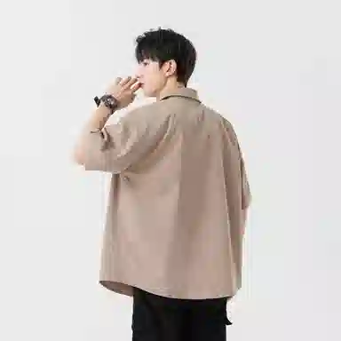 加菲猫家族 美式纽扣开衫宽松休闲纯色直筒百搭翻领短袖衬衫 男女同款