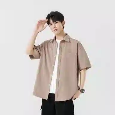 加菲猫家族 美式纽扣开衫宽松休闲纯色直筒百搭翻领短袖衬衫 男女同款