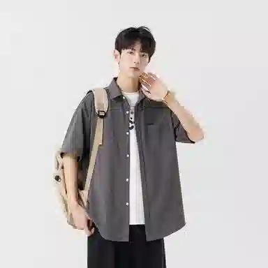 加菲猫家族 美式纽扣开衫宽松休闲纯色直筒百搭翻领短袖衬衫 男女同款