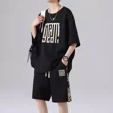 顶峰保罗 新中式印花短袖上衣宽松潮流时尚短裤休闲运动套装 男女同款