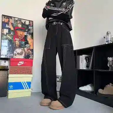 大白鲨 微弹直筒中腰美式复古明线设计感阔腿拼接舒适炸街百搭牛仔裤 男女同款 黑色