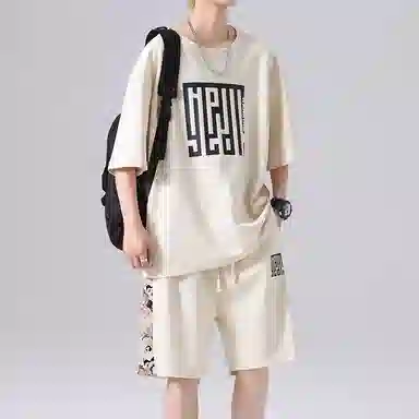 顶峰保罗 新中式印花短袖上衣宽松潮流时尚短裤休闲运动套装 男女同款