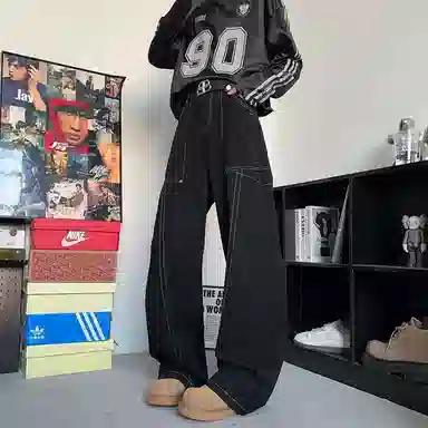 大白鲨 微弹直筒中腰美式复古明线设计感阔腿拼接舒适炸街百搭牛仔裤 男女同款 黑色