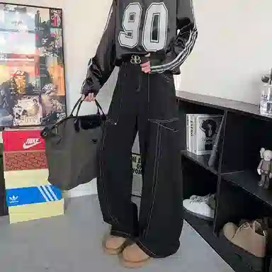 大白鲨 微弹直筒中腰美式复古明线设计感阔腿拼接舒适炸街百搭牛仔裤 男女同款 黑色
