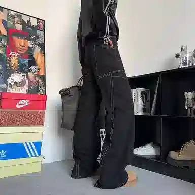 大白鲨 微弹直筒中腰美式复古明线设计感阔腿拼接舒适炸街百搭牛仔裤 男女同款 黑色