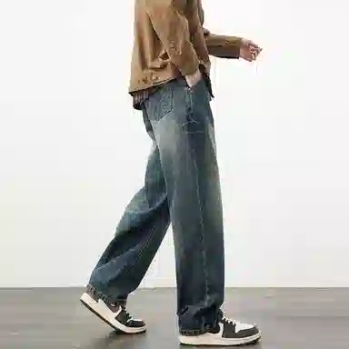 【dme】 美式复古重工水洗高街潮牌休闲时尚舒适拉链百搭宽松直筒垂感牛仔裤 男女同款 怀旧蓝色