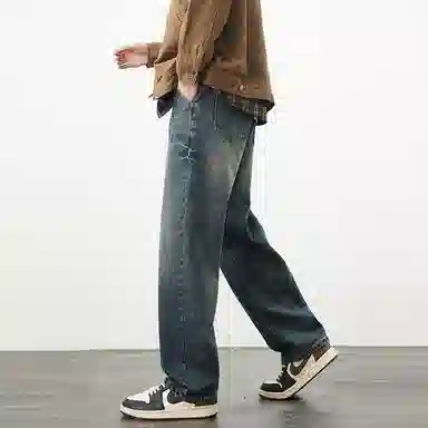 【dme】 美式复古重工水洗高街潮牌休闲时尚舒适拉链百搭宽松直筒垂感牛仔裤 男女同款 怀旧蓝色