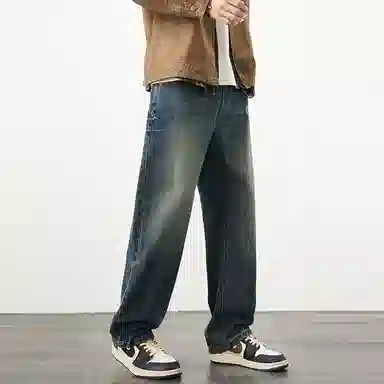 【dme】 美式复古重工水洗高街潮牌休闲时尚舒适拉链百搭宽松直筒垂感牛仔裤 男女同款 怀旧蓝色