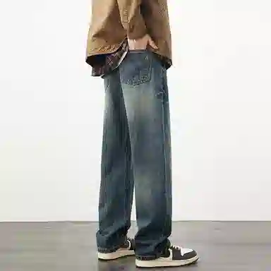 【dme】 美式复古重工水洗高街潮牌休闲时尚舒适拉链百搭宽松直筒垂感牛仔裤 男女同款 怀旧蓝色