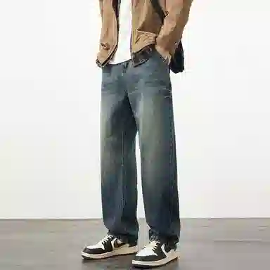 【dme】 美式复古重工水洗高街潮牌休闲时尚舒适拉链百搭宽松直筒垂感牛仔裤 男女同款 怀旧蓝色