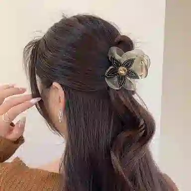 水中玉 网纱花朵抓夹扎马尾发卡后脑勺发饰丸子头鲨鱼夹子头饰 亚克力 发夹 女款