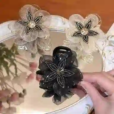 水中玉 网纱花朵抓夹扎马尾发卡后脑勺发饰丸子头鲨鱼夹子头饰 亚克力 发夹 女款