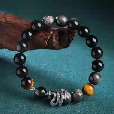 【祥瑞福蛇】 印象眸 新中式经典国潮本命年生肖蛇小众设计感转运珠日常通勤风手饰 礼盒包装#好运 黑曜石 手串 男款