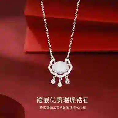 【精选高品质 锁住一生平安】 金师傅 如意平安锁 祥云铃铛长命锁平安喜乐新中式国潮简约清冷小众轻奢高级#好运 玻璃猫眼 项链 女款
