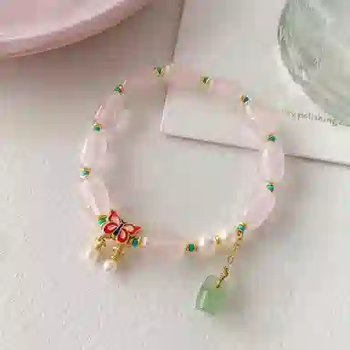 指尖瑰宝 用具体的快乐对抗不具体的焦虑蝴蝶小众高级升职加薪节节高升好运爆棚快乐就好天然 粉水晶 手串 女款