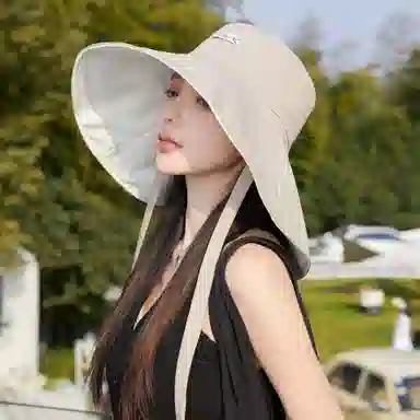 冠辉 夏季法式飘带户外休闲登山显脸小遮阳防紫外线双面遮阳渔夫帽日系休闲简约时尚加宽大帽檐 聚脂钎维 防晒帽 男女同款情侣款