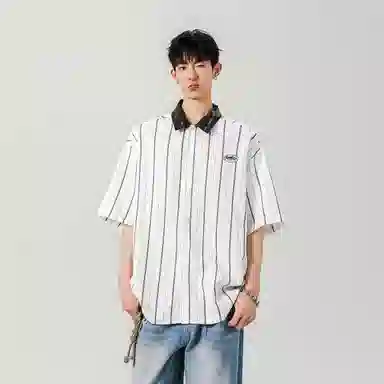 冰飞 经典条纹拼色短袖衬衫 男女同款