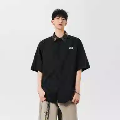冰飞 经典条纹拼色短袖衬衫 男女同款