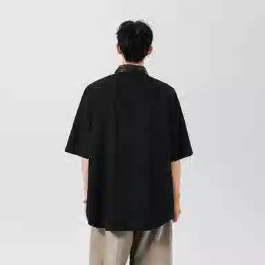 冰飞 经典条纹拼色短袖衬衫 男女同款