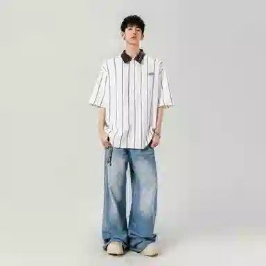 冰飞 经典条纹拼色短袖衬衫 男女同款