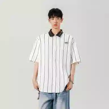 冰飞 经典条纹拼色短袖衬衫 男女同款