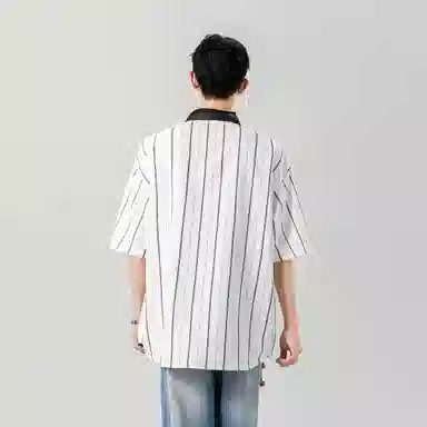 冰飞 经典条纹拼色短袖衬衫 男女同款