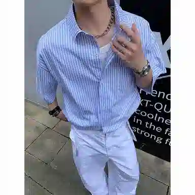臣目 条纹日系翻领宽松舒适百搭短袖衬衫 男款