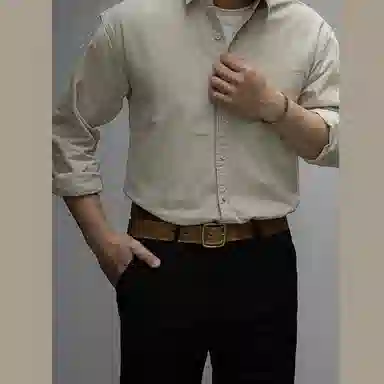 唔刃 休闲经典舒适百搭 通勤纯棉长袖宽松落肩翻领衬衣衬衫 美式 男款 杏色