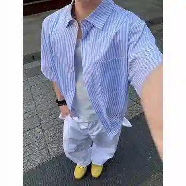 臣目 条纹日系翻领宽松舒适百搭短袖衬衫 男款